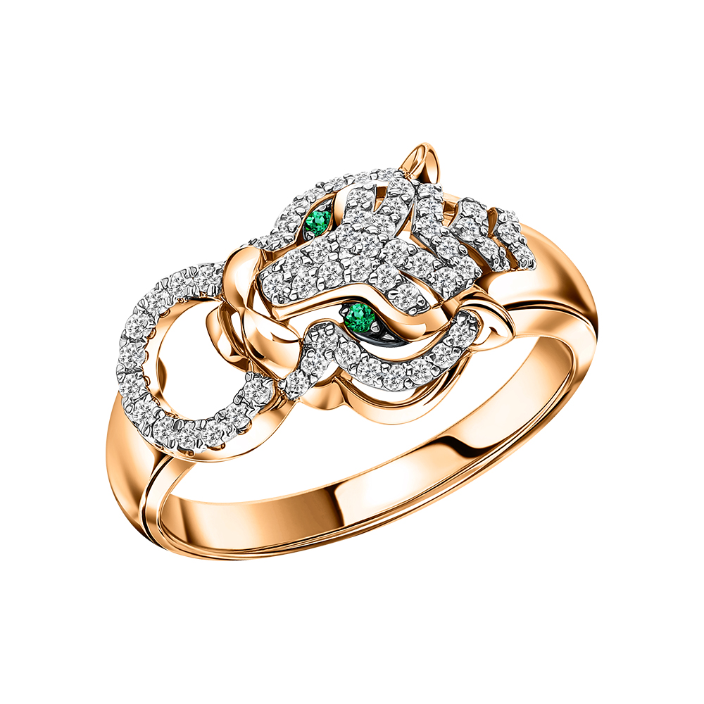 Золотое кольцо с бриллиантами природными и изумрудами природными