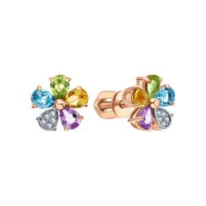 Золотые серьги с бриллиантами природными, цитринами природными, топазами природными, аметистами природными и хризолитами природными