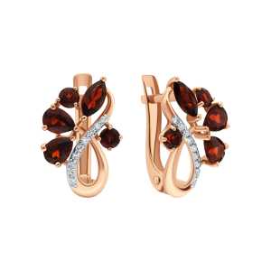 Золотые серьги с бриллиантами природными и гранатами природными
